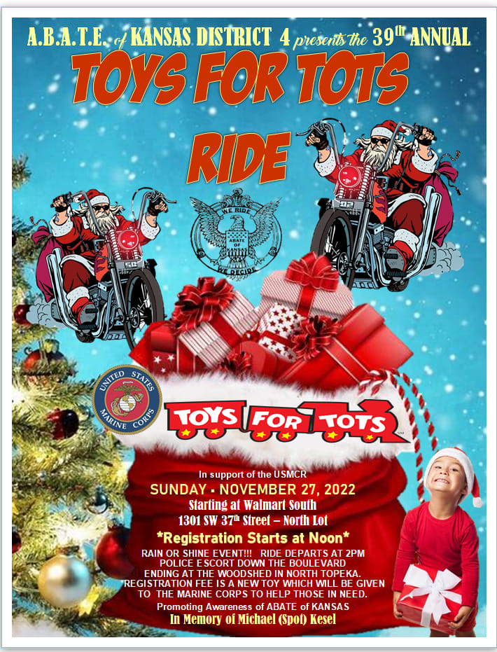 Events A.B.A.T.E. Kansas District 4 39th Annual Toys for Tots Ride